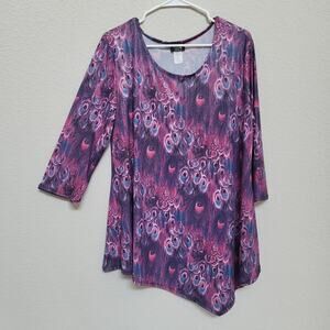 J&JL Top Womens XL Peacock Feather Print Asymmetric Casual Purple Colorful